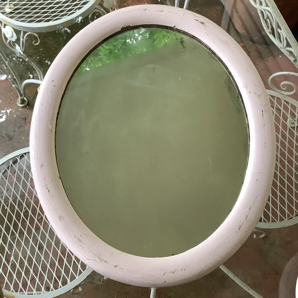 Antique Vintage Cottagecore Blush Pink Oval Wood Mirror